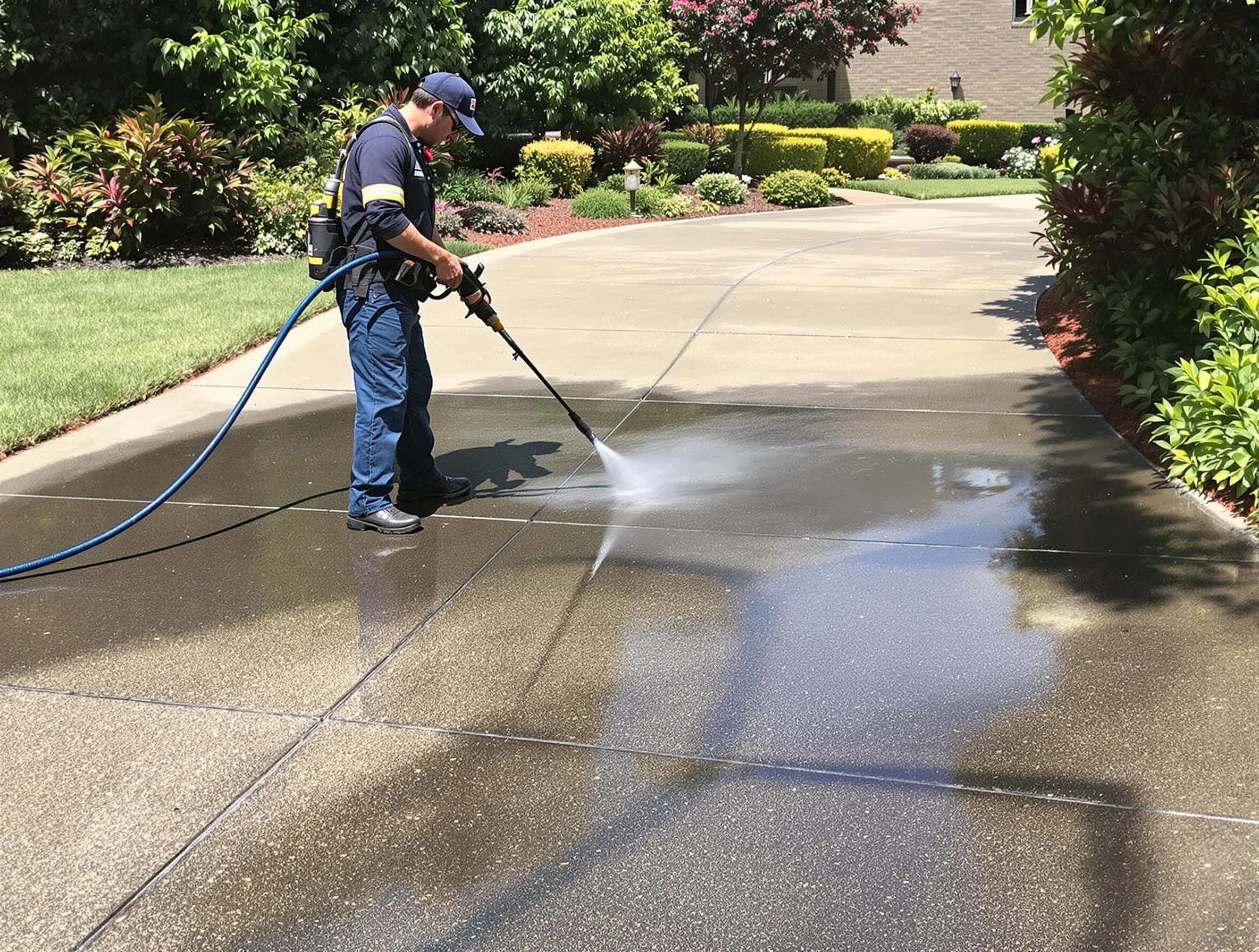 Experienced Kent Power Washing team member pressure washing a driveway in Kent