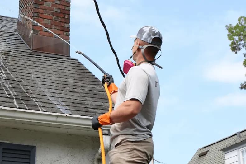 Kent Power Washing professional performing gentle roof washing service in Kent